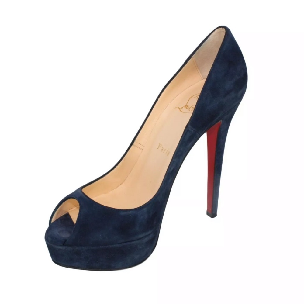 LOUBOUTIN Navy Blue Suede Peep-Toe Platform Pumps